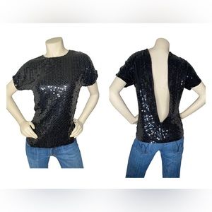 OLEG CASSINI Vintage 80s Black Sequin Full Back Zipper Cap Sleeve Shirt Top, M